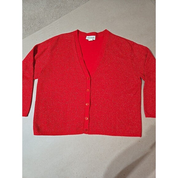 Vintage Carly Blake Red Sparkle Cardigan Top Button Down Knit Sweater XL - Picture 1 of 7